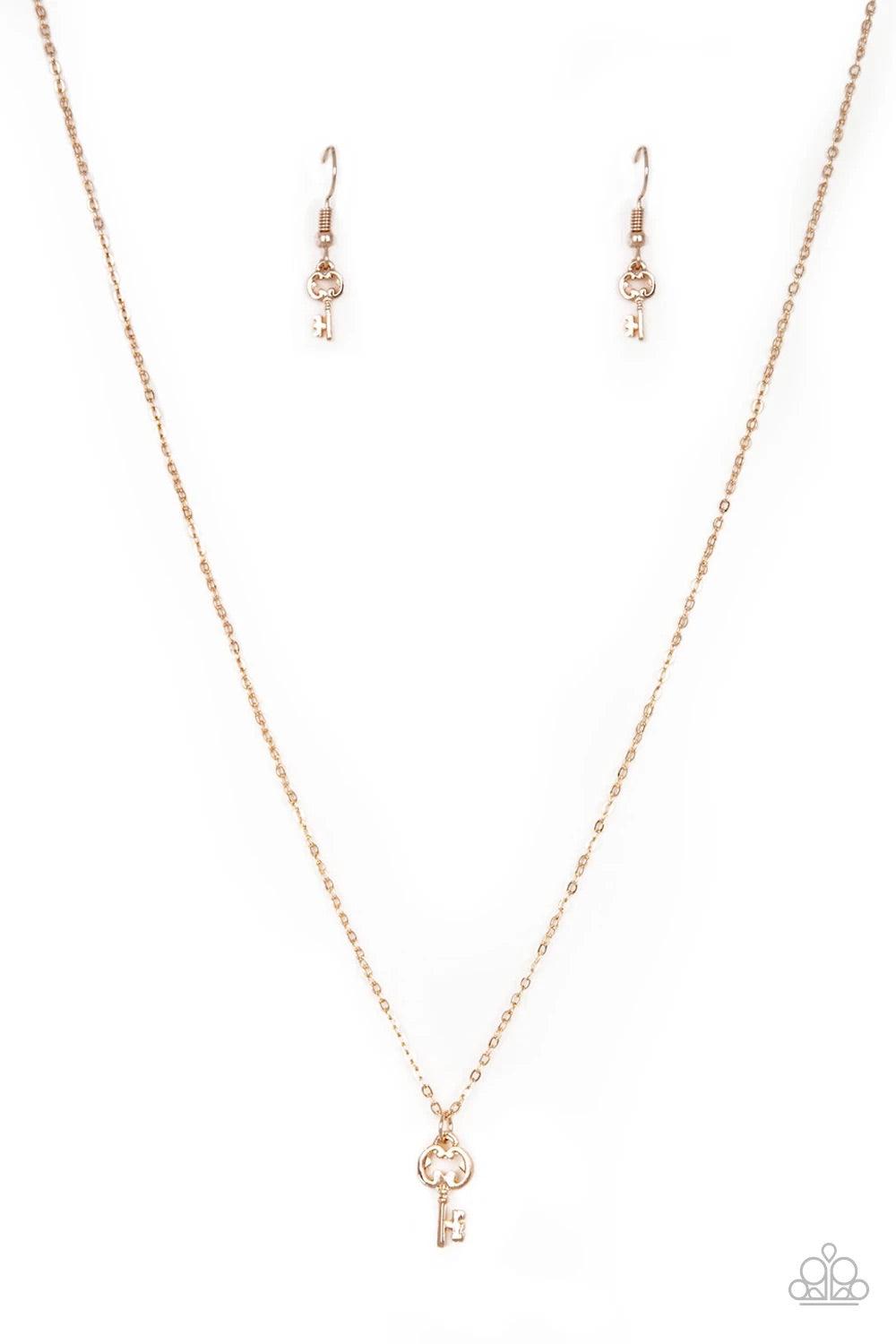 Paparazzi Accessories Very Low Key - Gold A dainty rose gold key swings from the bottom of a shiny rose gold chain, creating a whimsical pendant below the collar. Features an adjustable clasp closure. Jewelry