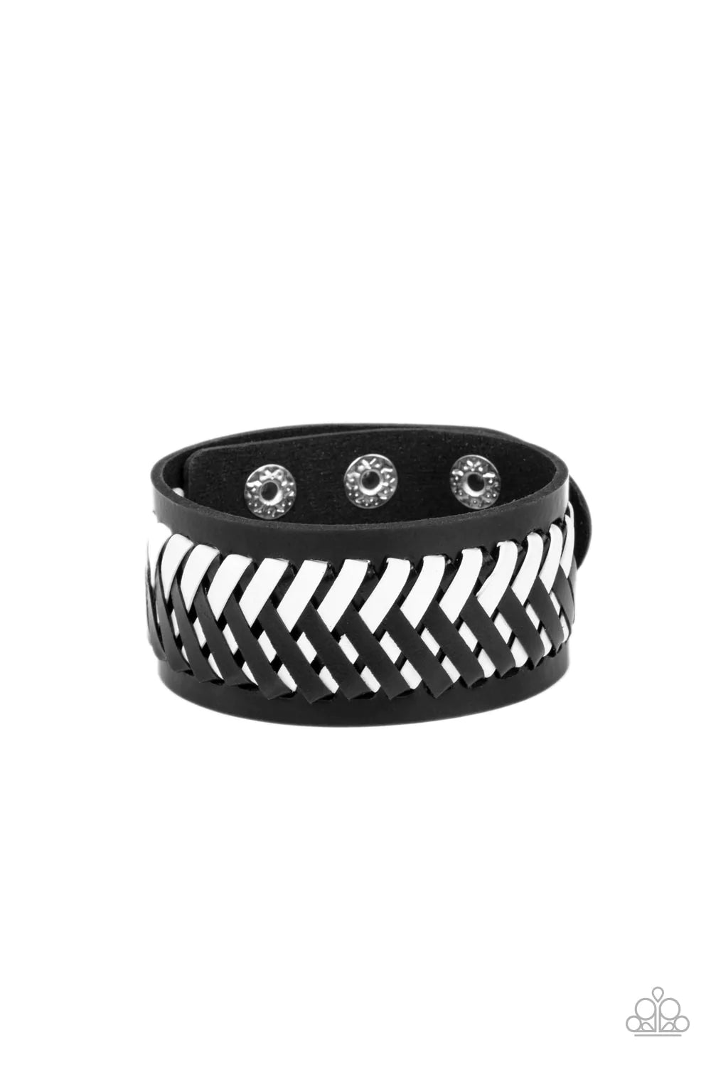 Paparazzi Accessories Punk Rocker Road - Black Black and white leather laces decoratively crisscross across the front of a thick black leather band, resulting in a rebellious pop of color around the wrist. Features an adjustable snap closure. Sold as one