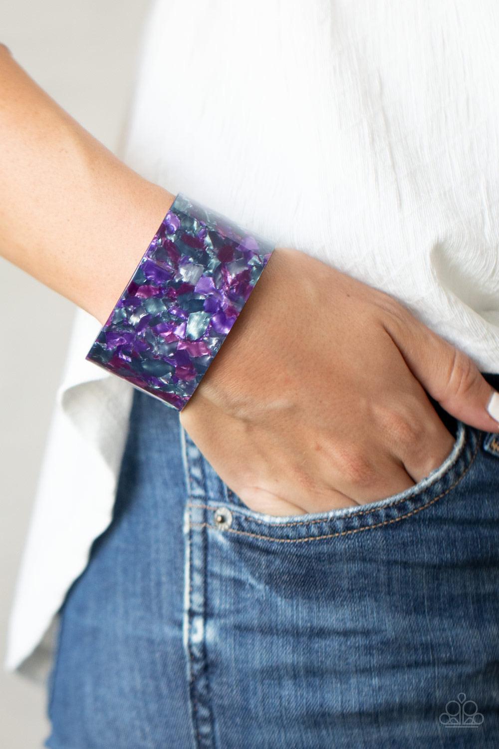 Paparazzi Accessories Freestyle Fashion - Purple Featuring a purple, pink, gray, and red tortoise shell-like pattern, a thick acrylic cuff delicately curls around the wrist for a colorfully chic look. Sold as one individual bracelet. Jewelry
