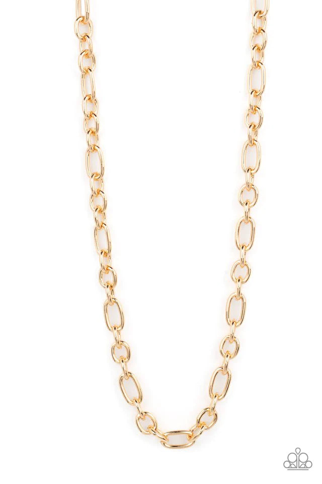 Paparazzi Accessories Ringside Throne - Gold A hefty assortment of oversized gold links boldly interlock across the chest, creating an intense urban look. Features an adjustable clasp closure. Sold as one individual necklace. Jewelry