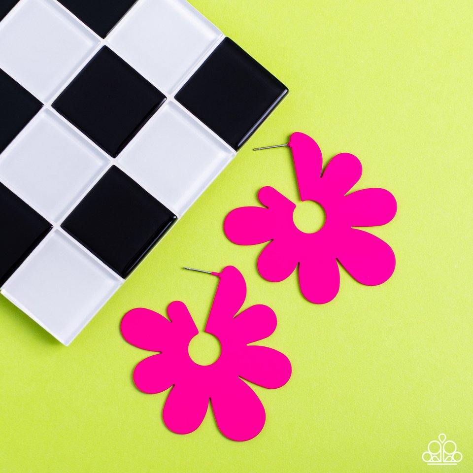 Paparazzi Accessories Flower Power Fantasy - Pink Asymmetrical, oversized Pink Peacock petals bloom into an abstract flower hoop for a fashionable, attention-grabbing pop of color around the ear. Earring attaches to a standard post fitting. Hoop measures