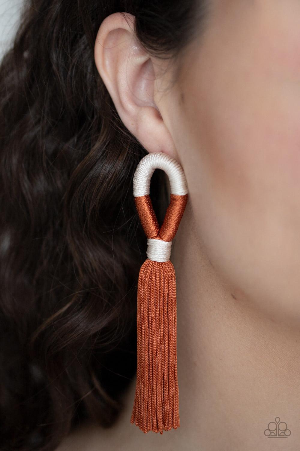 Paparazzi Accessories Moroccan Mambo - Multi Shiny off-white and Cinnamon Stick cording knots around a round fitting as a plume of soft Cinnamon Stick cording free-falls from the bottom, creating a trendy tassel. Earring attaches to a standard post fittin