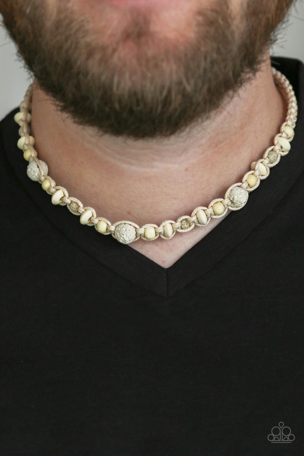 Paparazzi Accessories Shark Baite - White Braided cording knots around a collection of white wooden beads and white lava stones below the collar for an urban look. Features a button loop closure. Jewelry