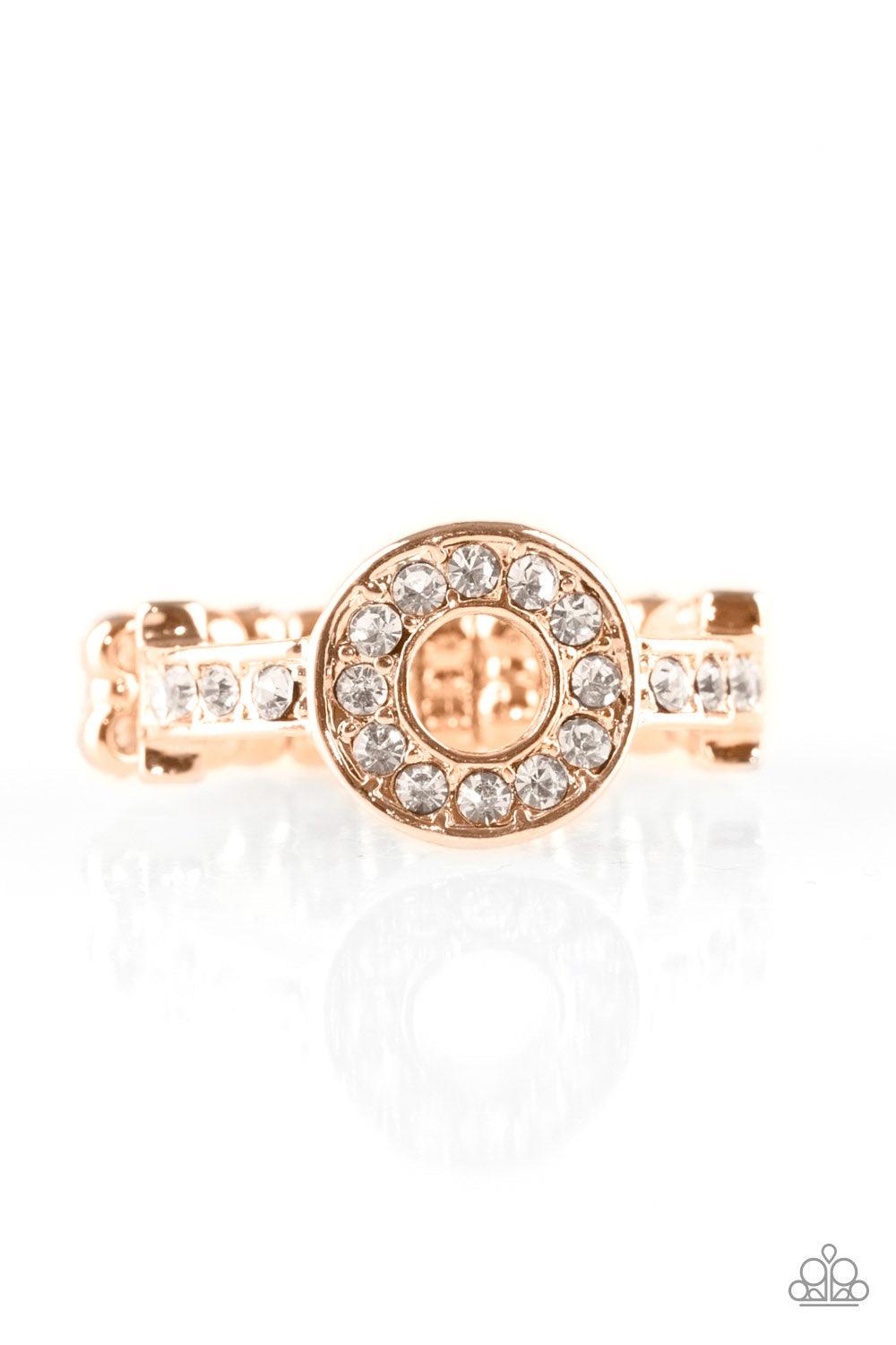 Paparazzi Accessories The One And Only Sparkle - Gold Encrusted in glassy white rhinestones, a dainty gold band attaches to a round frame, creating a sparkling centerpiece atop the finger. Features a dainty stretchy band for a flexible fit. Jewelry