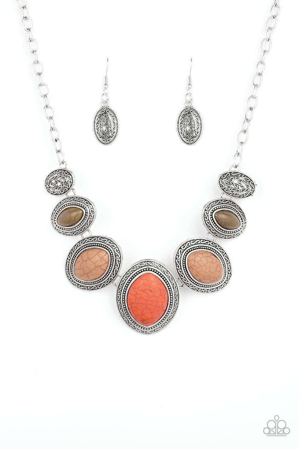Paparazzi Accessories Sierra Serenity - Multi Gradually increasing in size near the center, earthy orange, green, and brown stones are pressed into textured silver frames below the collar for a tribal inspired look. Features an adjustable clasp closure. J