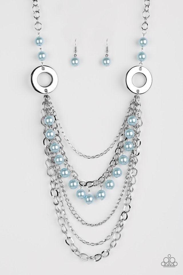Paparazzi Accessories BELLES and Whistles - Blue Dramatic silver hoops give way to layers of mismatched silver chains. Pearly blue beads trickle from the second chain, creating a flirty fringe across the chest. Features an adjustable clasp closure. Sold a