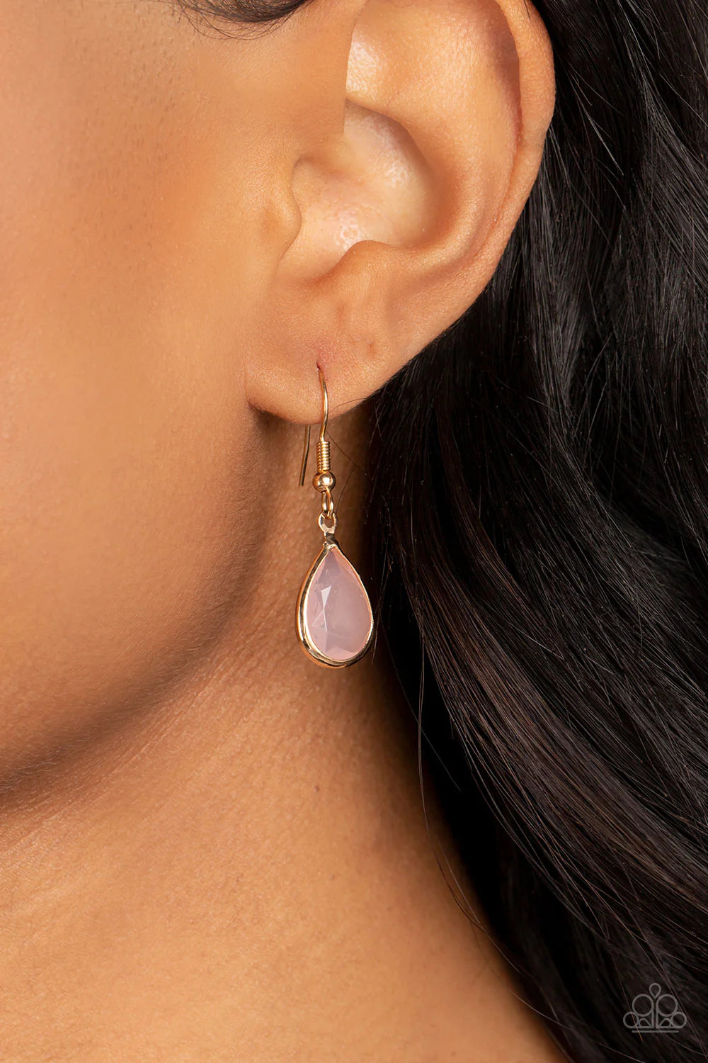 Paparazzi Accessories Frosted and Framed - Multi A thick gold chain is decorated in faceted Loden Frost and baby pink teardrops wrapped in gold frames. The opacity of the beads adds a dreamy feel to the design, while tiny gold accents dotted with white rh