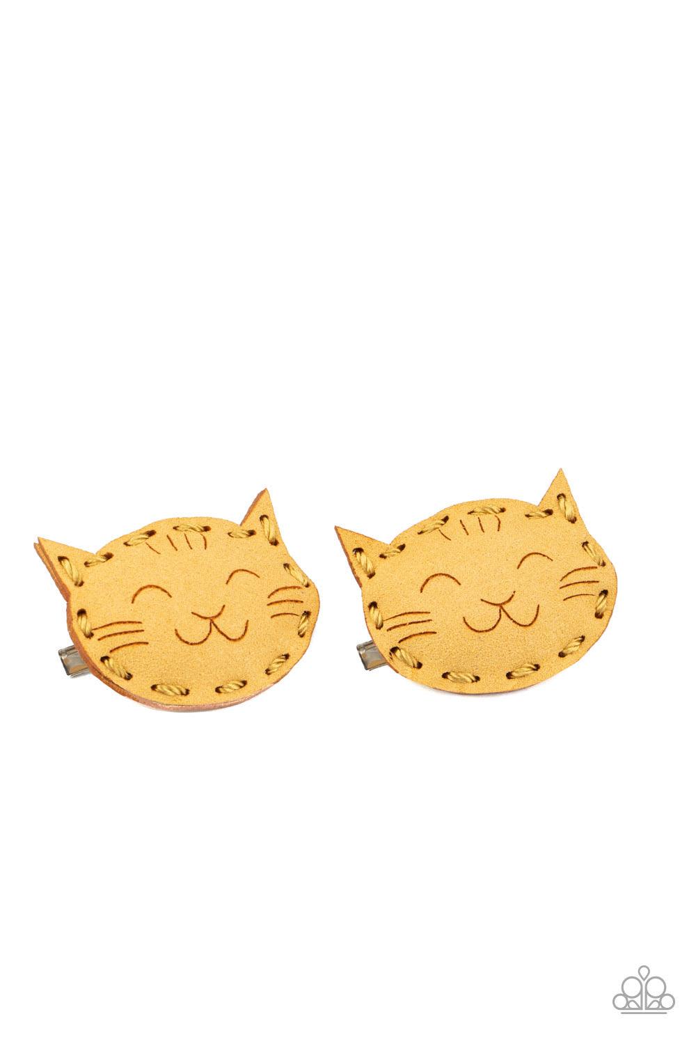 Paparazzi Accessories MEOW Youre Talking - Yellow Pieces of suede are delicately cut and stitched into a puffy pair of cats. Features standard hair clips on the back. Sold as one individual hair clip. Hair Accessories