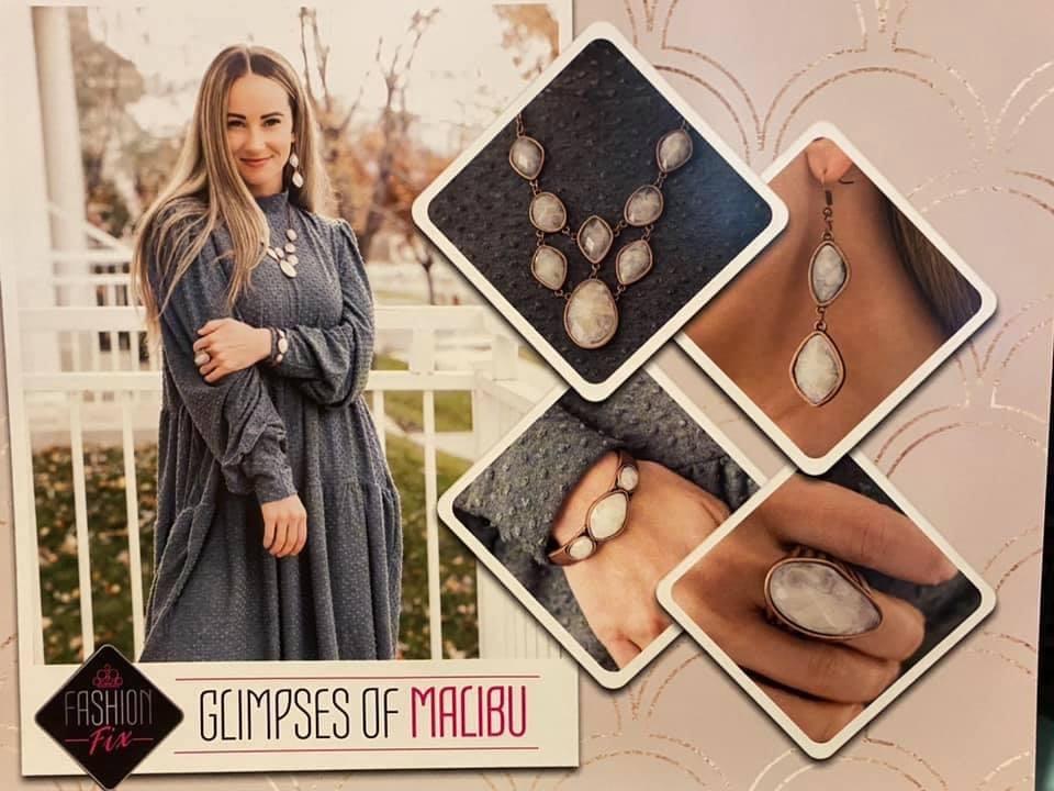Paparazzi Accessories Glimpses of Malibu : January 2021 FF The Glimpses of Malibu collection was created with inspiration from the styles of Malibu, CA. Styles in this Trend Blend will feature fun, livable fashion with an upscale flavor. The color are usu
