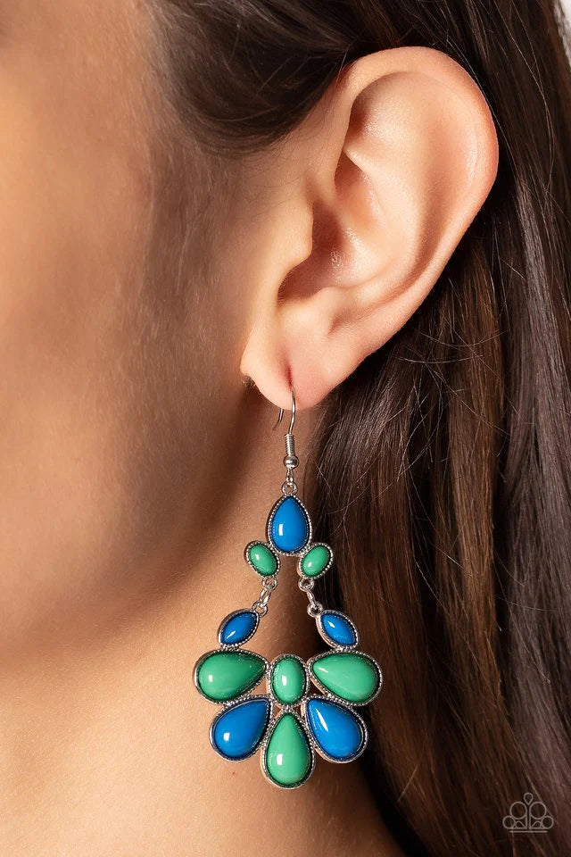 Paparazzi Accessories Colorfully Canopy - Multi Encased in textured silver fittings, a mismatched collection of oval, marquise, and teardrop Mykonos Blue and Leprechaun beads connect and link into a vivacious lure. Earring attaches to a standard fishhook