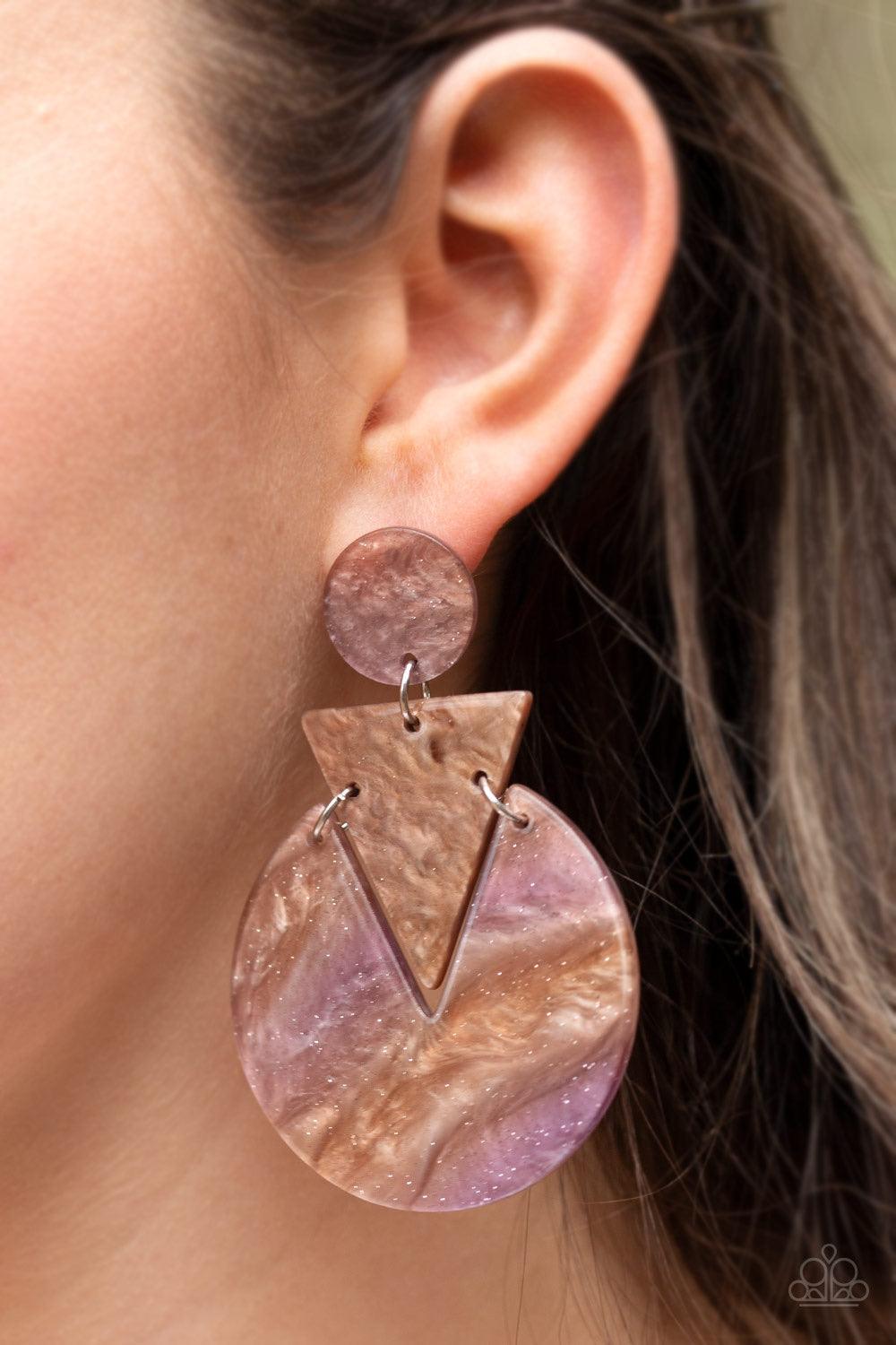 Paparazzi Accessories Head Under WATERCOLORS ~Multi Swirling with watercolor-like patterns, glittery brown acrylic frames connect into an abstract lure for a retro look. Colors may vary. Earring attaches to standard post fitting.