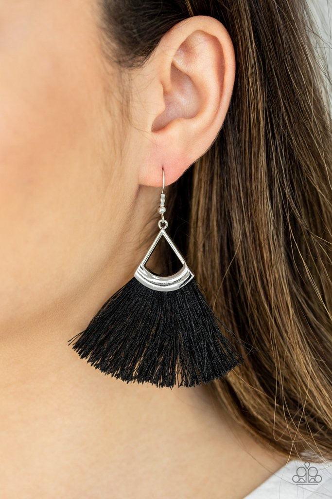 Paparazzi Accessories Tassel Tuesday’s - Black A fan of shiny black thread flares from the bottom of a silver triangular frame, creating a flirtatious fringe. Earring attaches to a standard fishhook fitting. Sold as one pair of earrings. Jewelry