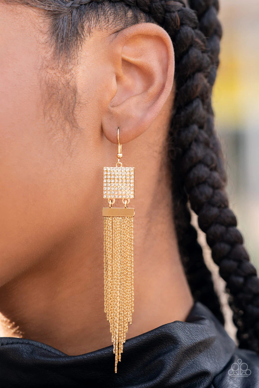 Paparazzi Accessories Dramatically Deco - Gold Rhinestones adorn a shimmering, gold square and dainty white gold chains trickle down, creating a romantic chandelier. Earring attaches to a standard fishhook fitting. Sold as one pair of earrings. Jewelry