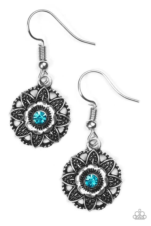 Paparazzi Accessories Perennial Party ~Blue Textured silver leaves and shiny silver petals bloom from a dainty blue rhinestone, creating a whimsical frame. Earring attaches to a standard fishhook fitting. Sold as one pair of earrings. Jewelry