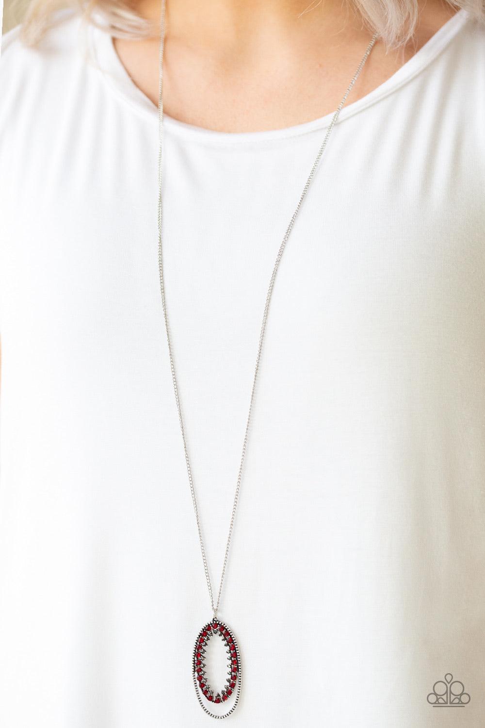 Paparazzi Accessories Money Mood - Red Ringed in a studded silver frame, glittery red and hematite rhinestones collect into a glamorous pendant at the bottom of a lengthened silver chain for a refined flair. Features an adjustable clasp closure. Jewelry