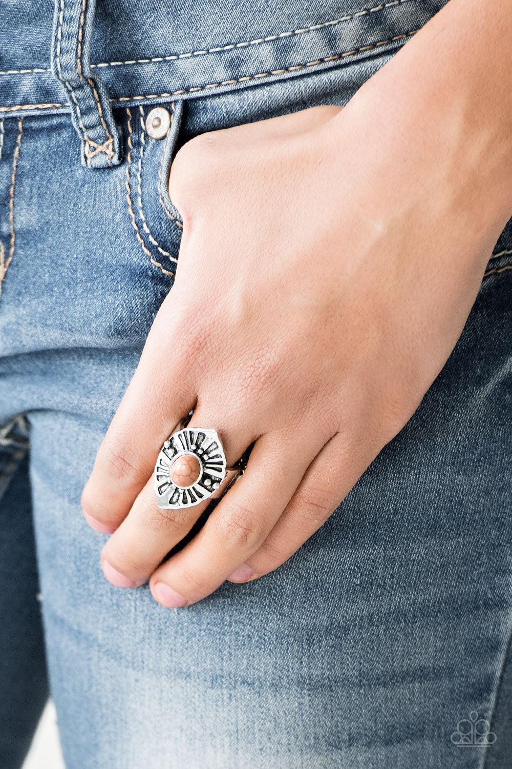 Paparazzi Accessories HOMESTEAD For The Weekend - Brown An earthy brown stone bead is pressed into the center of an angular silver frame radiating with studded and antiqued textures. Features a stretchy band for a flexible fit. Sold as one individual ring