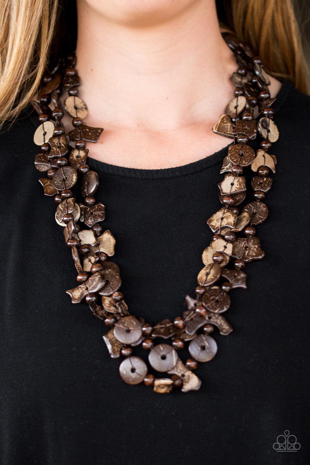 Paparazzi Accessories Living The Tropical Life ~Brown Tinted in brown hues, bits of wooden beads and discs join earthy wooden beads along an elongated strand of thread. Try double-wrapping or even triple-wrapping around the neck for a colorfully layered l