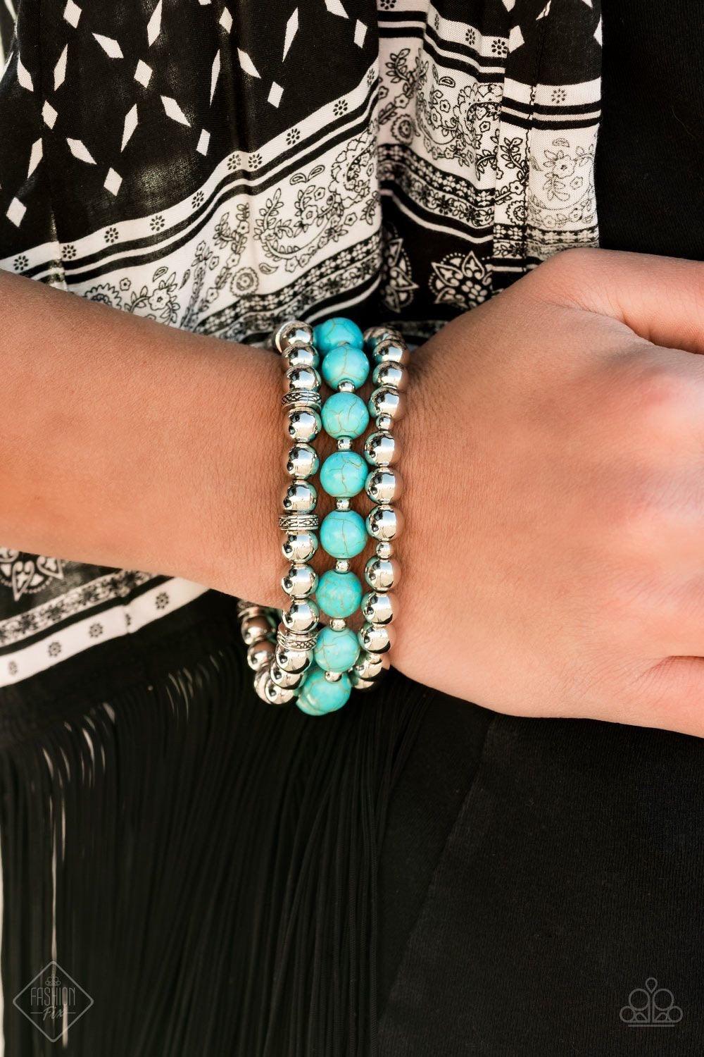 Paparazzi Accessories Sandstone Serendipity - Blue A collection of smooth turquoise stones and shiny silver beads are threaded along stretchy bands, creating earthy layers that adorn the wrist. Sold as one set of three bracelets. Jewelry