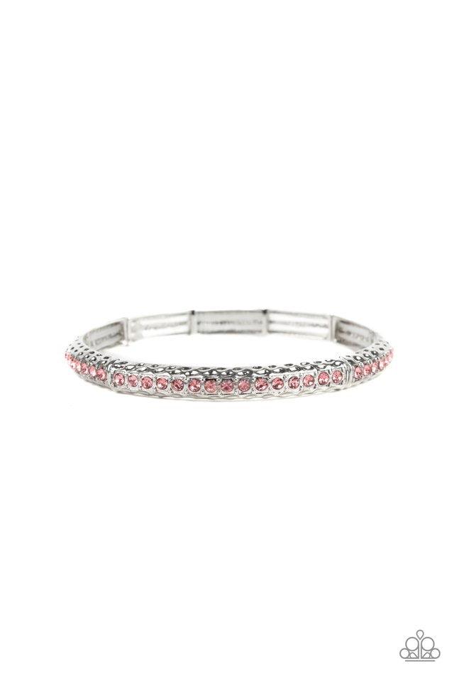 Paparazzi Accessories Cha Cha Ching! - Purple Encrusted in a row of glittery pink rhinestones, hammered silver frames are threaded along a stretchy band around the wrist for a glamorous bangle-like look. Jewelry