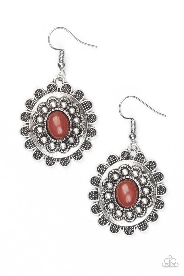 Paparazzi Accessories Summer Blooms - Brown A robust brown bead is pressed into the center of an ornate floral frame for a summery look. Earring attaches to a standard fishhook fitting. Jewelry