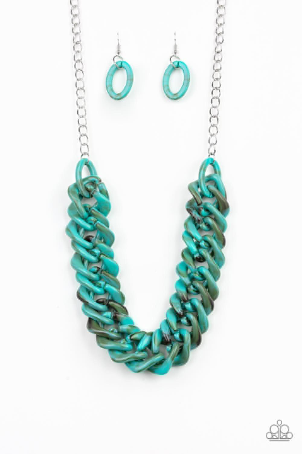 Paparazzi Accessories Comin In HAUTE - Blue Brushed in a faux marble finish, square turquoise acrylic links subtlety twist as they link below the collar for a colorful statement-making look. Features an adjustable clasp closure. Jewelry