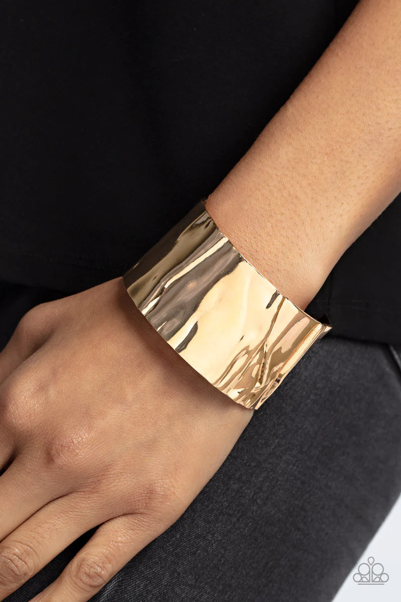 Paparazzi Accessories Modern Metallurgy - Gold A warped gold cuff ripples and crinkles, creating an oversized industrial statement around the wrist. Sold as one individual bracelet. Jewelry