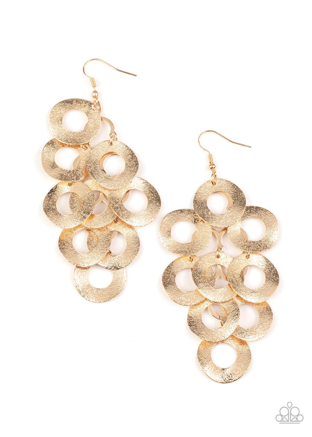 Paparazzi Accessories Scattered Shimmer - Gold Delicately hammered in light-catching shimmer, rows of curved gold hoops delicately overlap into a noise-making lure. Earring attaches to a standard fishhook fitting. Sold as one pair of earrings. Jewelry