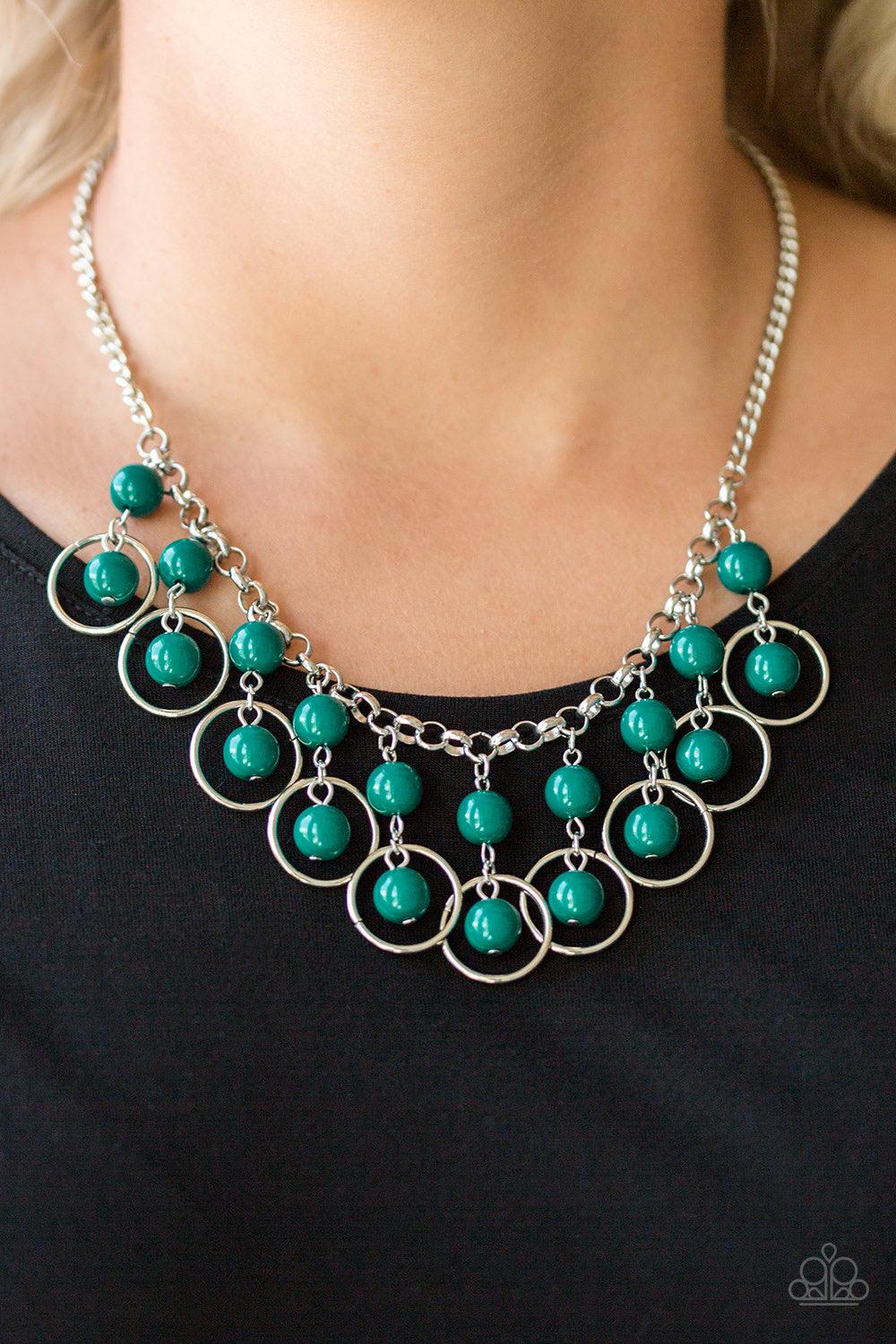 Paparazzi Accessories Really Rococo - Green Polished Arcadia beads and shimmery silver hoops drip from the bottom of a glistening silver chain, creating a playful fringe below the collar. Features an adjustable clasp closure. Jewelry