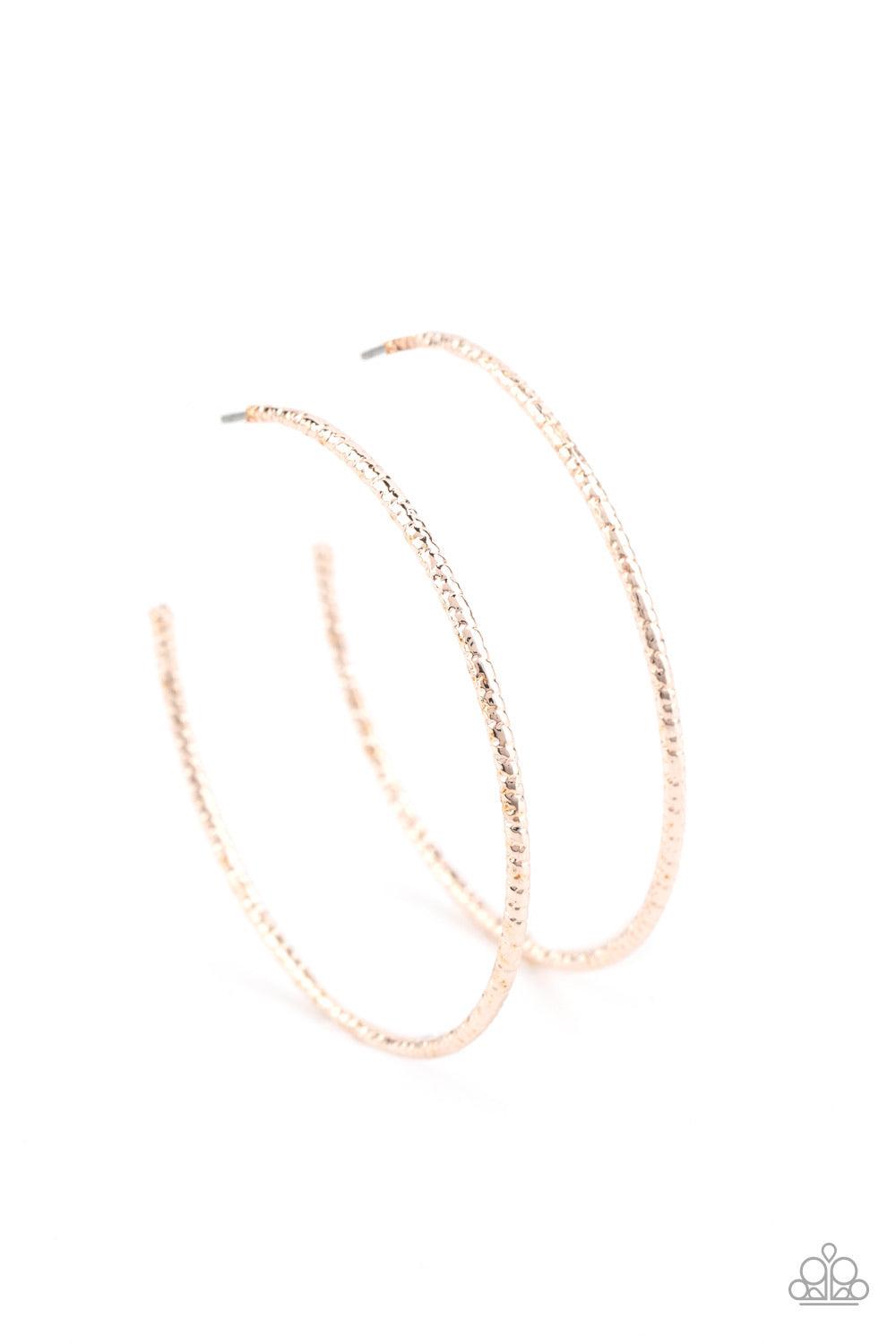 Paparazzi Accessories Inclined To Entwine - Rose Gold Etched in shimmery texture, a dainty rose gold hoop curls around the earring for a refined flair. Earring attaches to a standard post fitting. Hoop measures approximately 2" in diameter. Sold as one pa