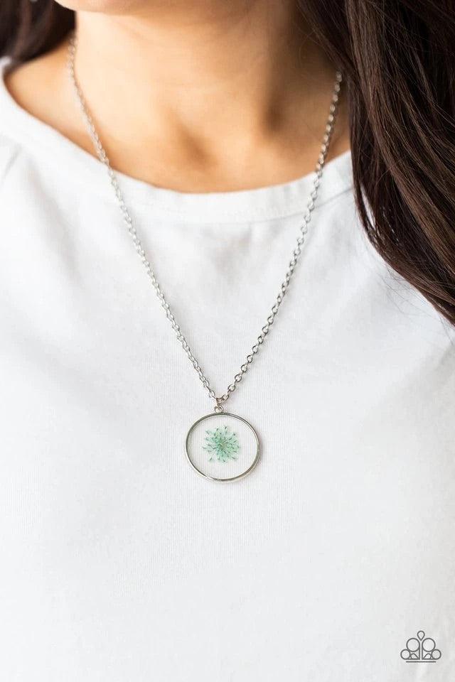 Paparazzi Accessories Tea Party Tease - Blue A dainty blue firework-like flower is encased inside a glassy frame, creating a whimsical pendant below the collar. Features an adjustable clasp closure. Sold as one individual necklace. Includes one pair of ma
