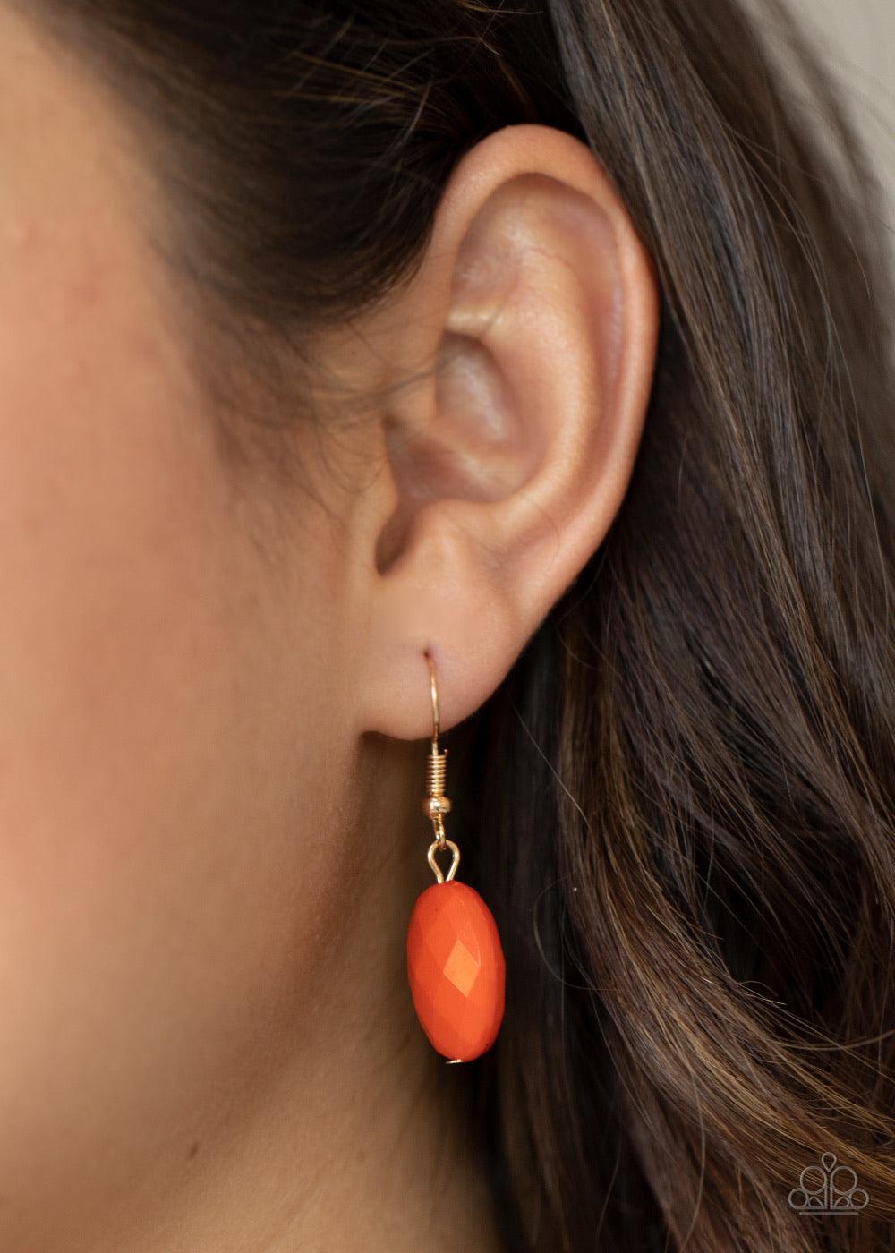 Paparazzi Accessories Max Volume - Orange Attached to dainty gold chains, oval orange beads delicately link into colorful rows below the collar, adding a powerful splash of color to any outfit. Features an adjustable clasp closure. Sold as one individual