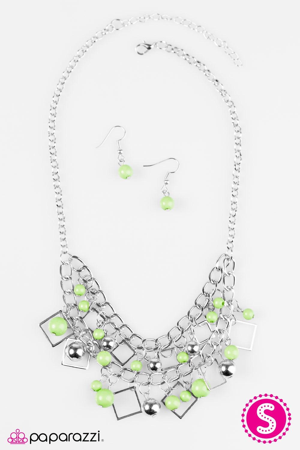 Paparazzi Accessories Finally FRAME-ous - Green Vivacious green and classic silver beading cascade from two rows of bold silver chain. Glistening silver frames trickle between the colorful fringe, adding a trendy geometric flair to the flawlessly layered
