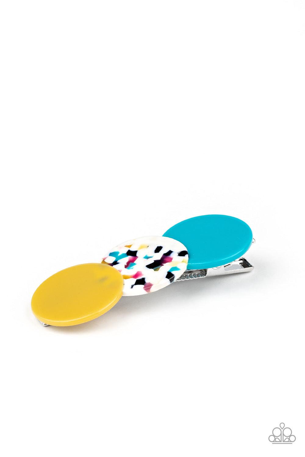 Paparazzi Accessories HAIR Comes The Sun - Yellow Featuring polished and shell-like finishes, a trio of yellow, multicolored tortoise shell, and blue acrylic circles delicately overlap into a bubbly frame. Features a standard hair clip on the back. Sold a