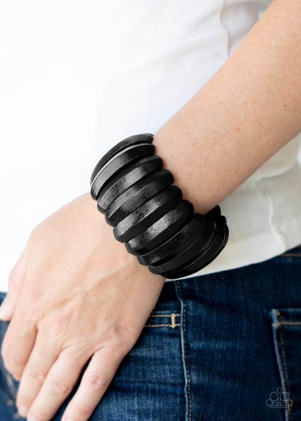 Paparazzi Accessories Colorfully Congo - Black Painted in a shiny black finish, beveled wooden frames are threaded along stretchy bands around the wrist for a summery look. Sold as one individual bracelet. Jewelry