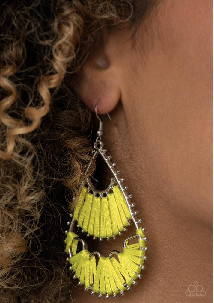 Paparazzi Accessories Samba Scene - Yellow Samba Scene Yellow Earrings are studded, teardrop-shaped hoops have yellow-threaded patterns throughout for a fresh, seasonal look. Featured in the EMP Spring Pack. Paparazzi accessories are all lead free and nic