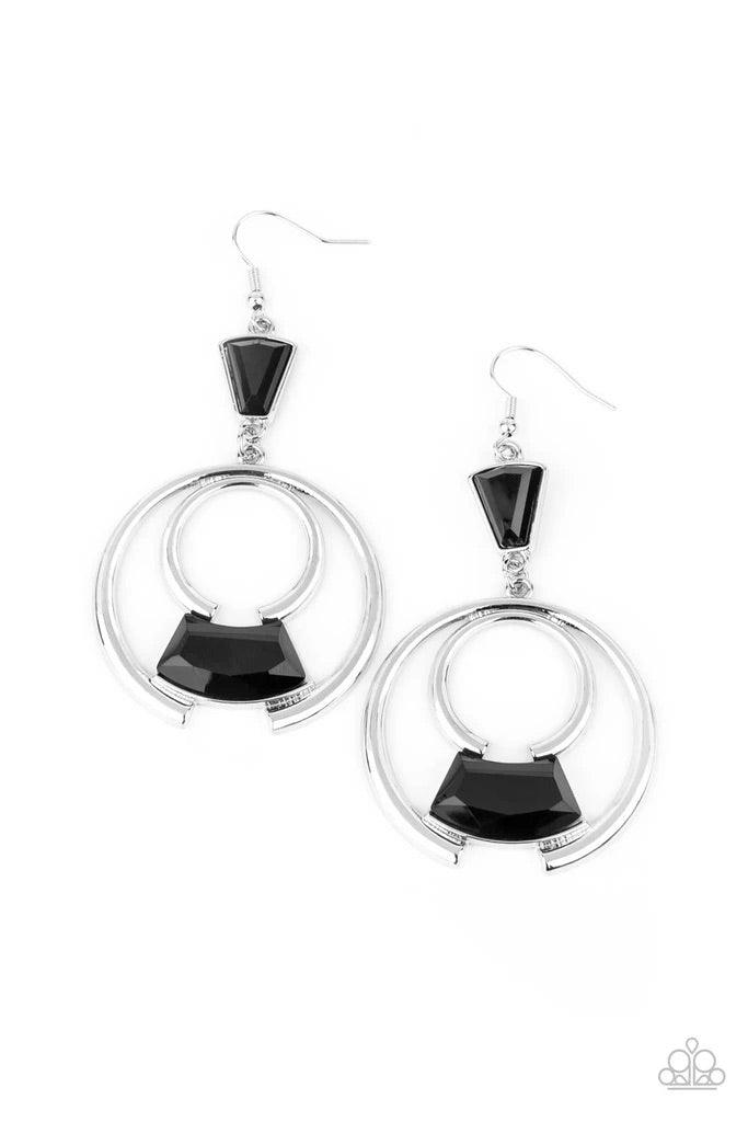 Paparazzi Accessories Deco Dancing ~Black Bold silver circles create an eye-catching frame for a faceted black gem. The trendy pendant sways from a triangular black gem anchor for an embellished finish. Earring attaches to a standard fishhook fitting. Sol