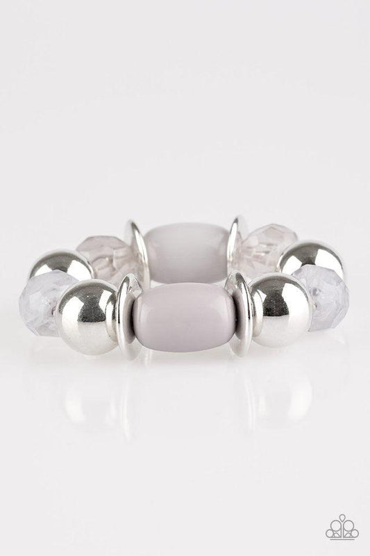 Paparazzi Accessories BAY After BAY - Silver Dramatic silver, neutral gray, and faceted cloudy beads are threaded along a stretchy elastic band, creating a seasonal look around the wrist. Jewelry