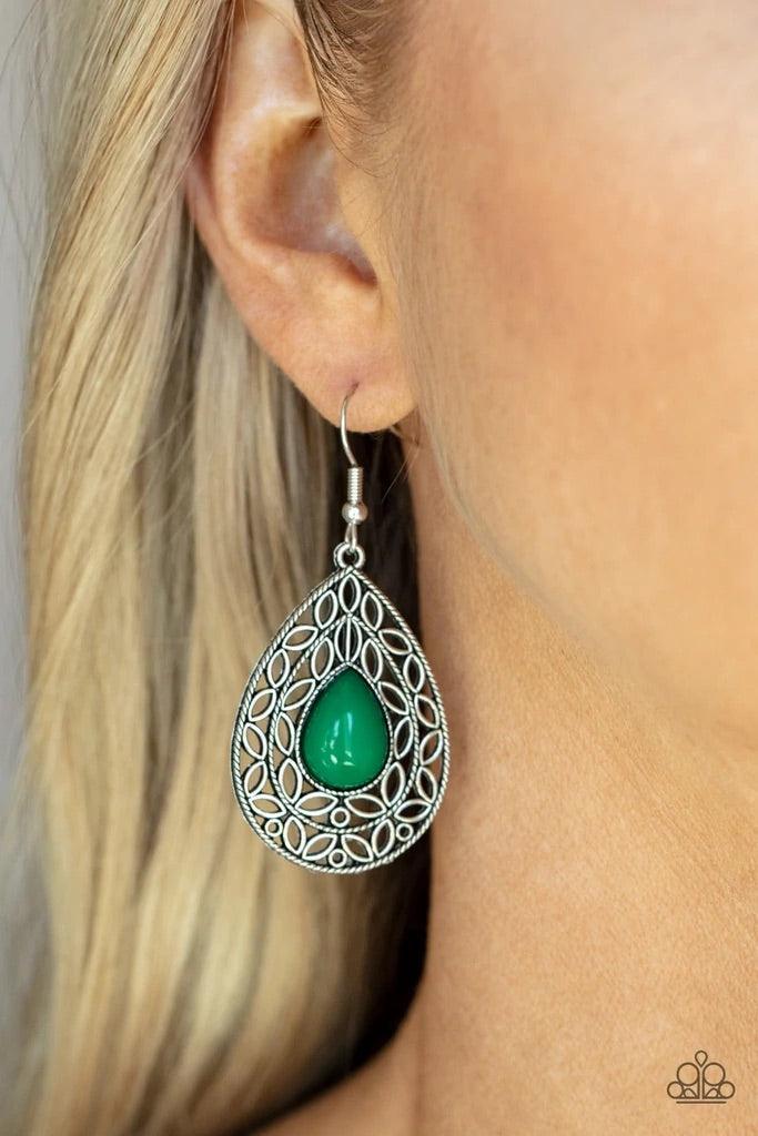 Paparazzi Accessories Fanciful Droplets- Green Fanciful teardrop frames filled with a charming leaf motif filigree envelop a bright Leprechaun teardrop bead creating a captivating lure. Earring attaches to a standard fishhook fitting. Sold as one pair of