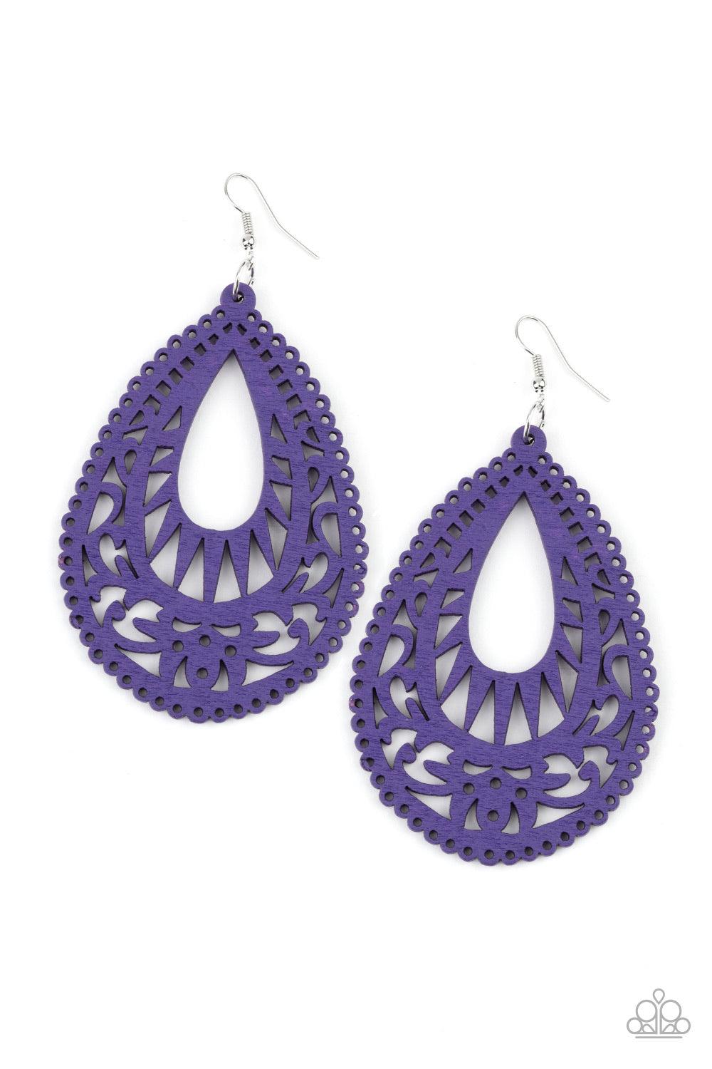 Paparazzi Accessories Zesty Zen - Purple Painted in a vivacious purple finish, an airy wooden frame swirling with filigree detail swings from the ear for a seasonal look. Earring attaches to a standard fishhook fitting. Jewelry