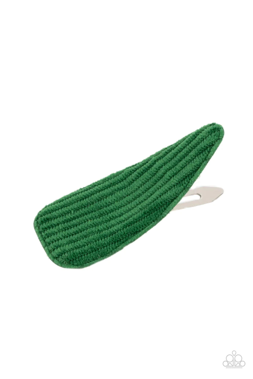 Paparazzi Accessories Colorfully Corduroy - Green The front of an oversized triangular frame is covered in a piece of Leprechaun corduroy fabric, creating a colorful rustic centerpiece. Features a standard snap hair clip on the back. Sold as one individua