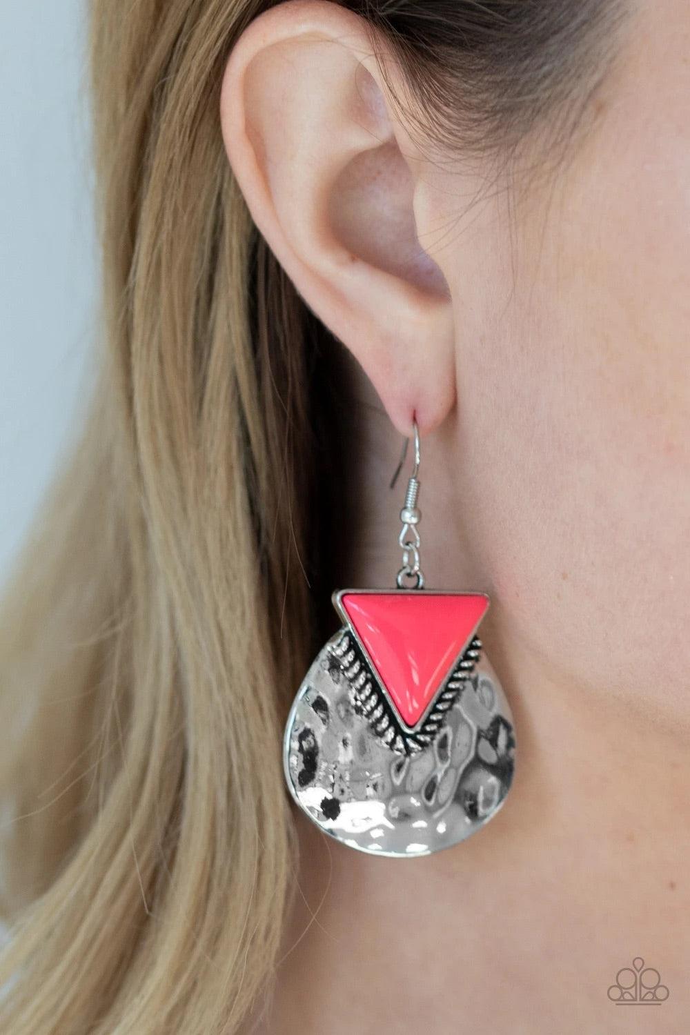 Paparazzi Accessories Road Trip Treasure - Pink A neon pink triangular bead is pressed into the top of a hammered silver lure, creating a colorfully rustic frame. Earring attaches to a standard fishhook fitting. Sold as one pair of earrings. Jewelry