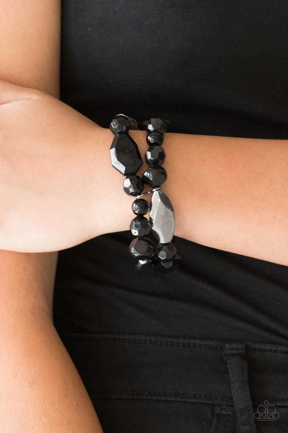 Paparazzi Accessories Rockin Rock Candy - Black Mismatched gunmetal, polished black, and crystal-like beads are threaded along interlocking stretchy bands for a whimsical look. Sold as one individual bracelet. Jewelry