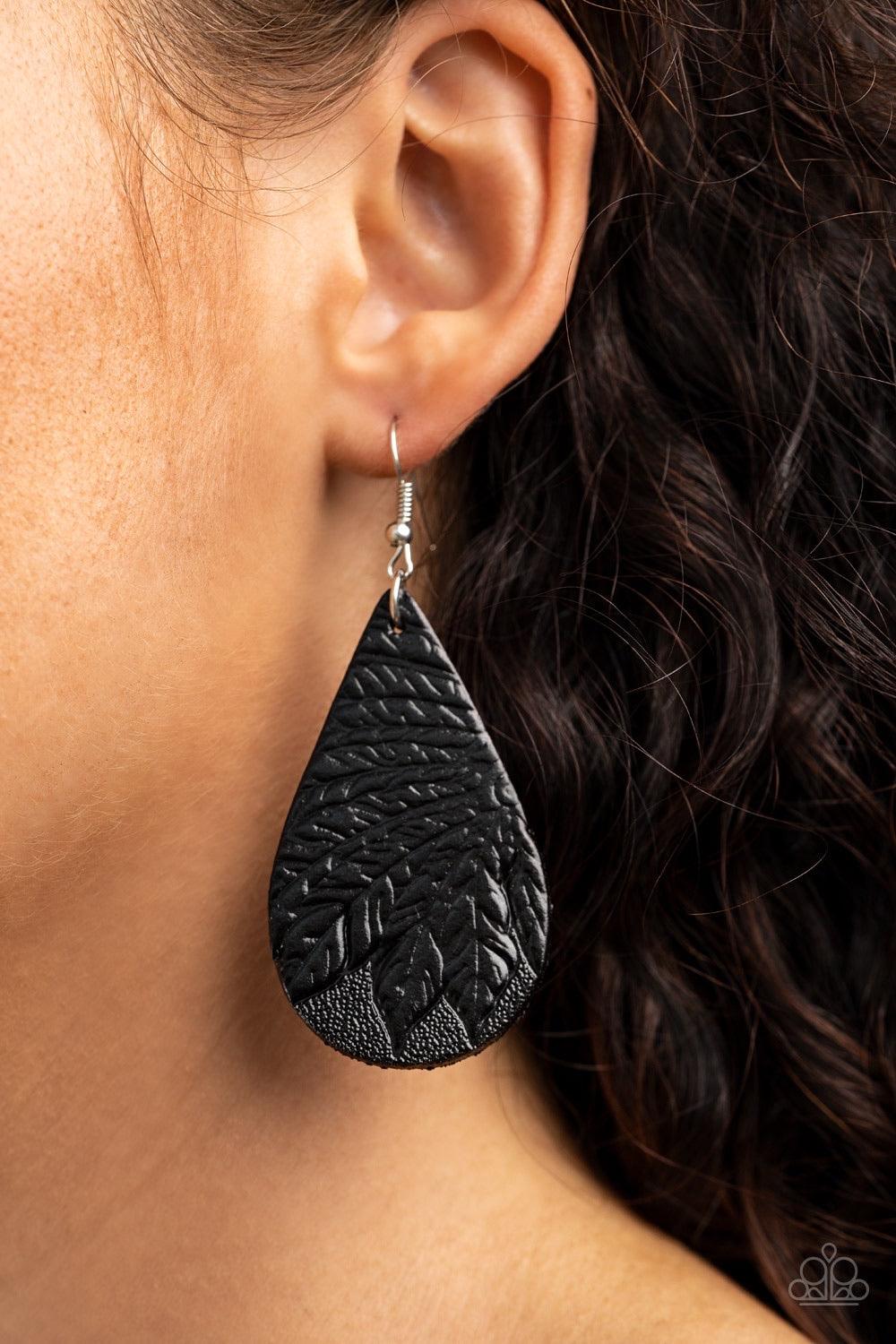 Paparazzi Accessories Everyone Remain PALM! - Black Embossed in a leafy palm-like pattern, an earthy black leather teardrop swings from the ear for a whimsical look. Earring attaches to a standard fishhook fitting. Sold as one pair of earrings. Jewelry