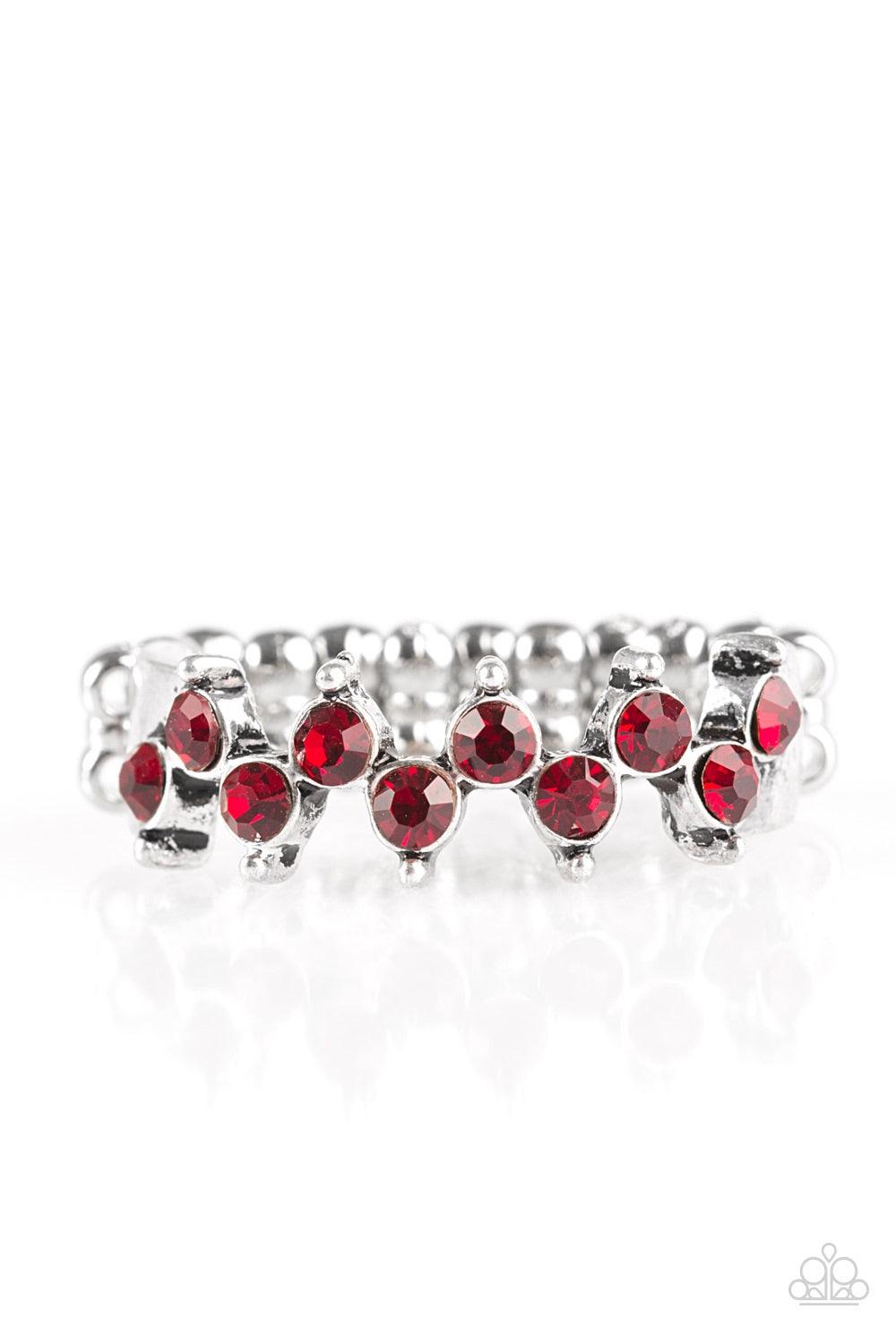 Paparazzi Accessories Shine Like The Stars - Red Glittery red rhinestones stack across the finger, creating a timeless band. Features a dainty stretchy band for a flexible fit. Jewelry
