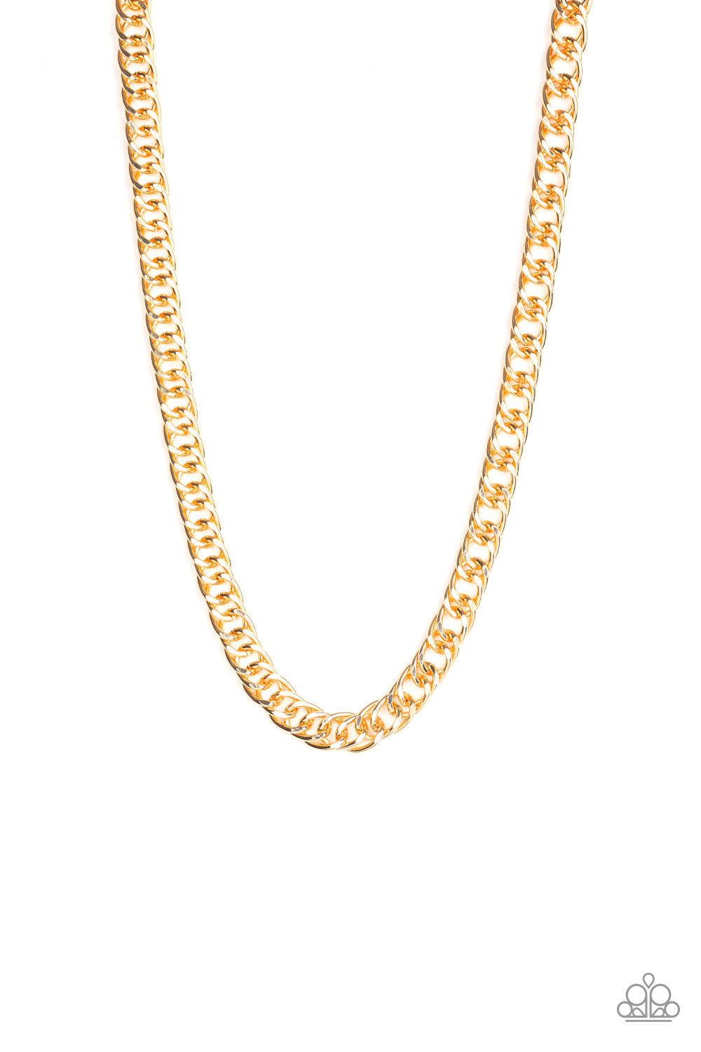 Paparazzi Accessories Omega - Gold Featuring double links, an oversized gold beveled cable chain drapes across the chest for a sleek, upscale look. Features an adjustable clasp closure. Jewelry