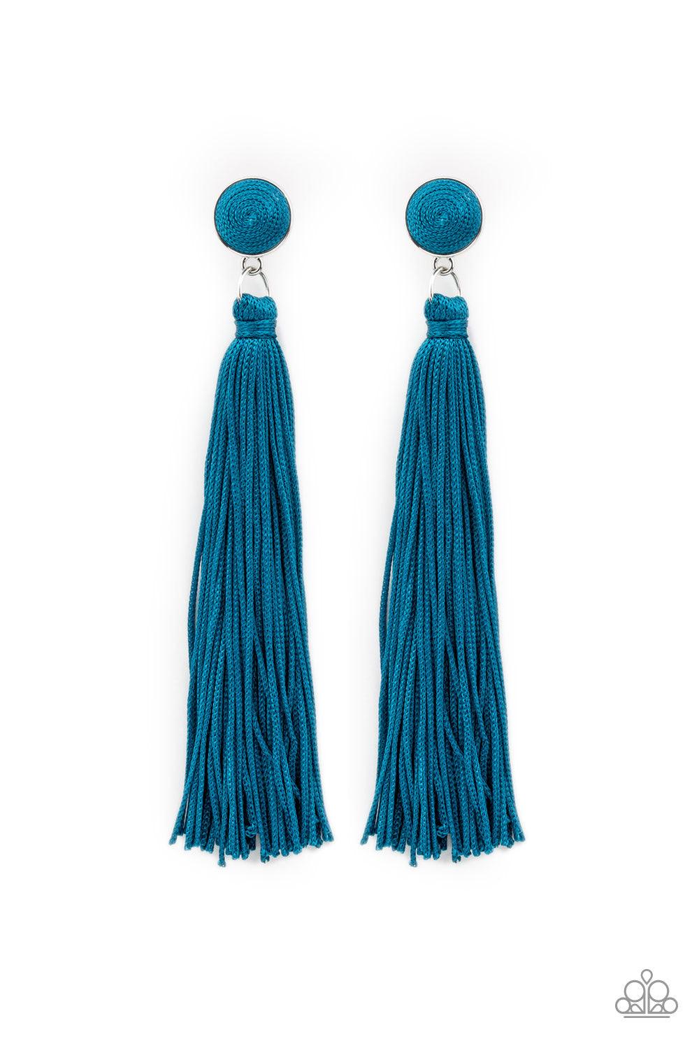 Paparazzi Accessories Tight Rope Tassel - Blue A tassel of shiny blue cording swings from the bottom of a matching blue threaded button-top frame for a flirtatious fashion. Earring attaches to a standard post fitting. Jewelry