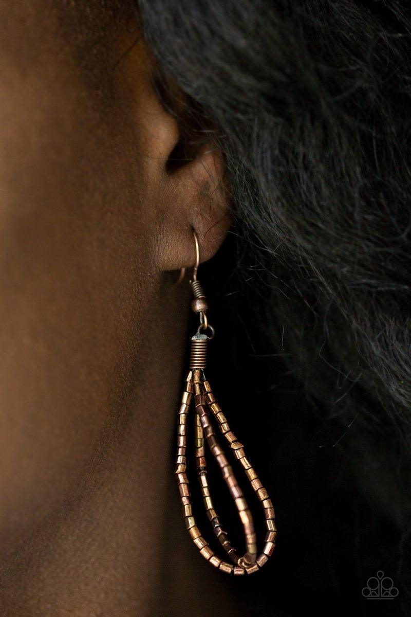 Paparazzi Accessories Flashy Fashion - Copper Brushed in a flashy metallic finish, countless strands of copper seed beads converge with strands of gunmetal seed beads, creating colorful layers below the collar. Features an adjustable clasp closure. Sold a