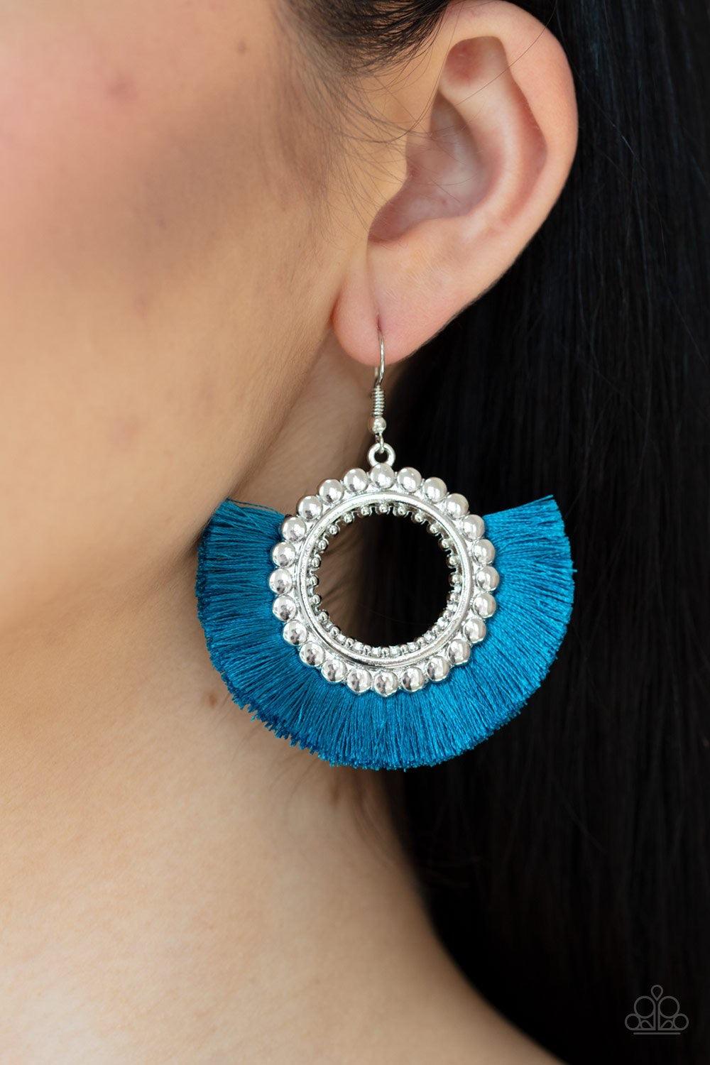 Paparazzi Accessories Fringe Fanatic - Blue Mosaic Blue thread flares out from the bottom of a bubbly silver hoop, creating a vivacious fringe. Earring attaches to a standard fishhook fitting. Sold as one pair of earrings. Jewelry
