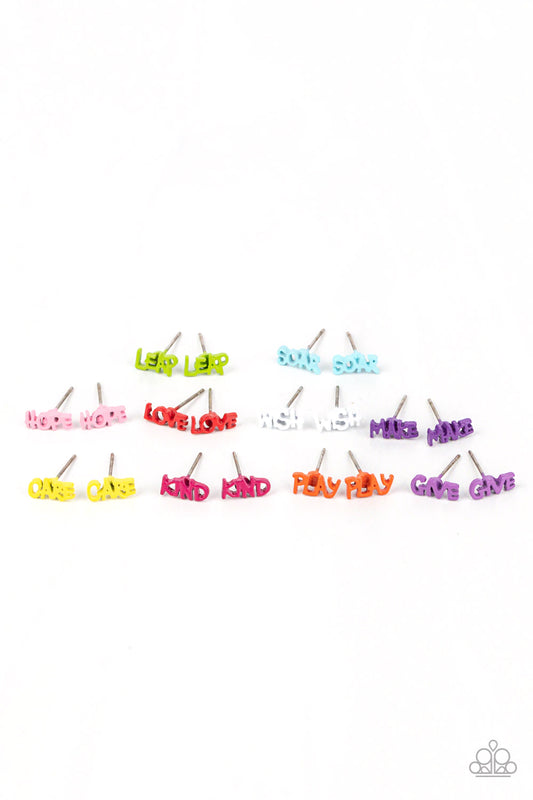 Paparazzi Accessories Starlet Shimmer Earrings #23 The multicolored inspirational frames include a pink "Hope," a pink "Kind," a blue "Soar," a green "Leap," an orange "Play," a purple "Make," a yellow "Care," a red "Love," a white "Wish," and a purple "G