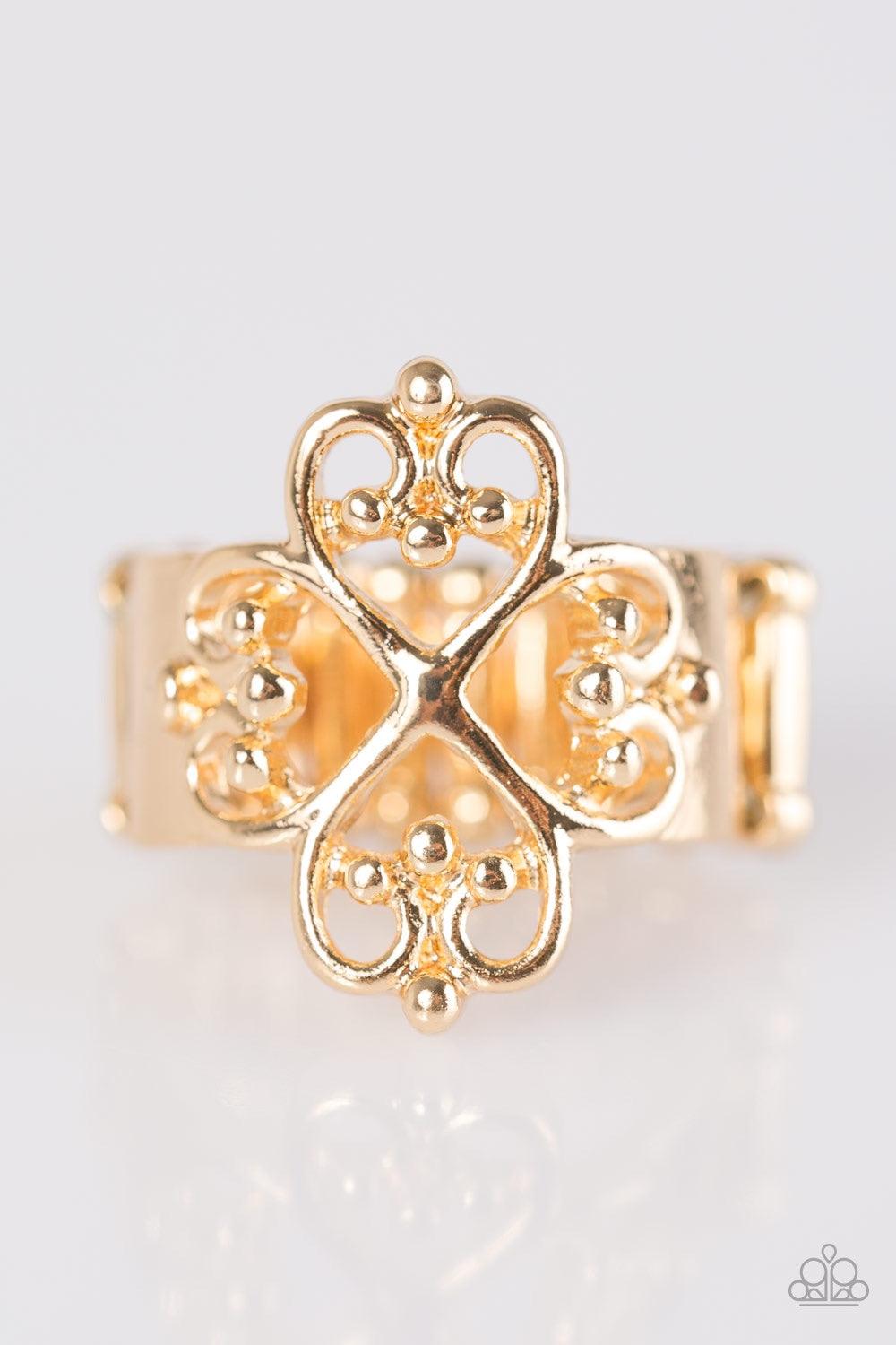 Paparazzi Accessories Street-REGAL - Gold Brushed in a high-matte sheen, glistening gold bars swirl atop the finger, creating a regal filigree filled frame. Features a stretchy band for a flexible fit. Jewelry